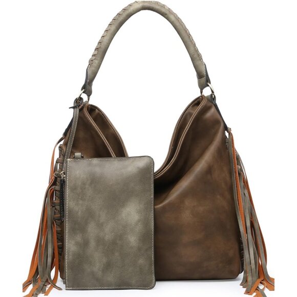 Oversize Boho Fringe Hobo Bag Women with Detachable Cell Phone Pouch in Vegan Le